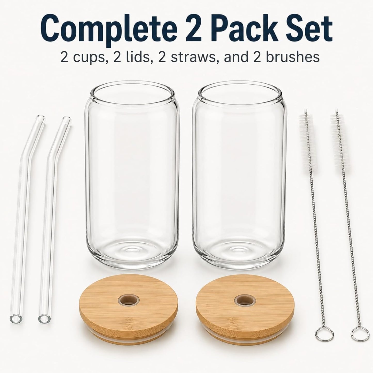 Glass Cups with Lids and Straws 1 Pack, 16 oz Glass Coffee Cup with Bamboo Lid, Glass Straw and Cleaning Brush, Iced Coffee Cup for Matcha, Soda, Tea and Daily Drinks