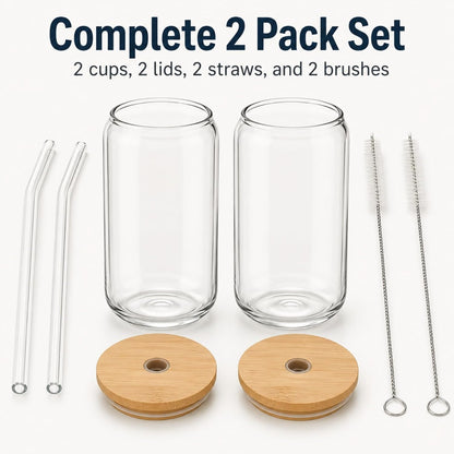 Glass Cups with Lids and Straws 1 Pack, 16 oz Glass Coffee Cup with Bamboo Lid, Glass Straw and Cleaning Brush, Iced Coffee Cup for Matcha, Soda, Tea and Daily Drinks