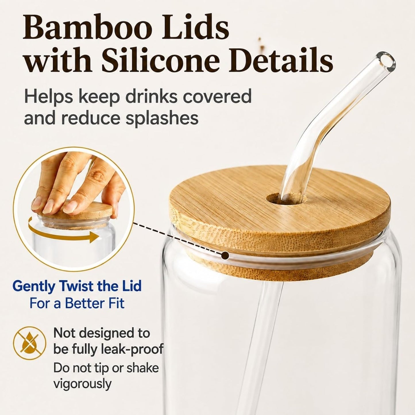 Glass Cups with Lids and Straws 1 Pack, 16 oz Glass Coffee Cup with Bamboo Lid, Glass Straw and Cleaning Brush, Iced Coffee Cup for Matcha, Soda, Tea and Daily Drinks