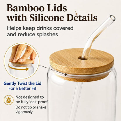 Glass Cups with Lids and Straws 1 Pack, 16 oz Glass Coffee Cup with Bamboo Lid, Glass Straw and Cleaning Brush, Iced Coffee Cup for Matcha, Soda, Tea and Daily Drinks