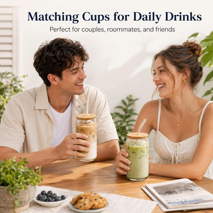 Glass Cups with Lids and Straws 1 Pack, 16 oz Glass Coffee Cup with Bamboo Lid, Glass Straw and Cleaning Brush, Iced Coffee Cup for Matcha, Soda, Tea and Daily Drinks