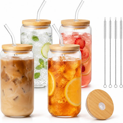 Glass Cups with Lids and Straws 1 Pack, 16 oz Glass Coffee Cup with Bamboo Lid, Glass Straw and Cleaning Brush, Iced Coffee Cup for Matcha, Soda, Tea and Daily Drinks