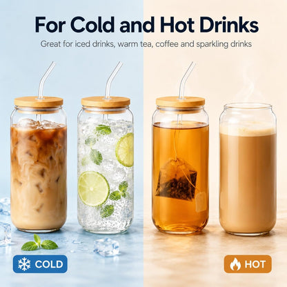 Glass Cups with Lids and Straws 1 Pack, 16 oz Glass Coffee Cup with Bamboo Lid, Glass Straw and Cleaning Brush, Iced Coffee Cup for Matcha, Soda, Tea and Daily Drinks