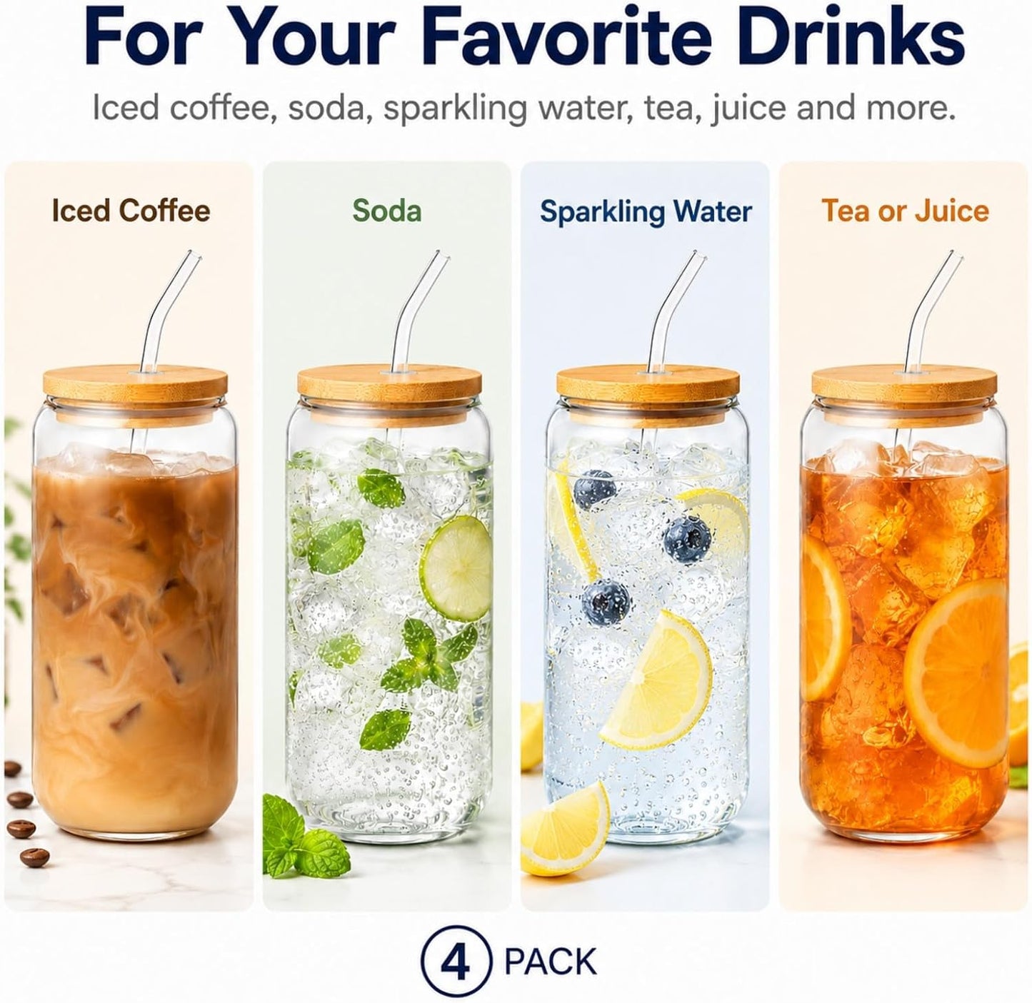 Glass Cups with Lids and Straws 1 Pack, 16 oz Glass Coffee Cup with Bamboo Lid, Glass Straw and Cleaning Brush, Iced Coffee Cup for Matcha, Soda, Tea and Daily Drinks