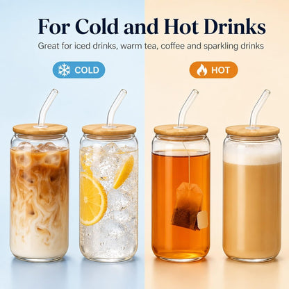Glass Cups with Lids and Straws 1 Pack, 16 oz Glass Coffee Cup with Bamboo Lid, Glass Straw and Cleaning Brush, Iced Coffee Cup for Matcha, Soda, Tea and Daily Drinks