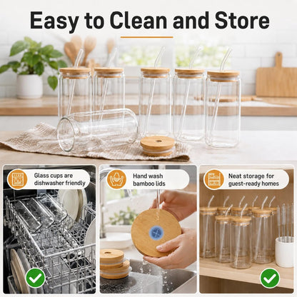 Glass Cups with Lids and Straws 1 Pack, 16 oz Glass Coffee Cup with Bamboo Lid, Glass Straw and Cleaning Brush, Iced Coffee Cup for Matcha, Soda, Tea and Daily Drinks