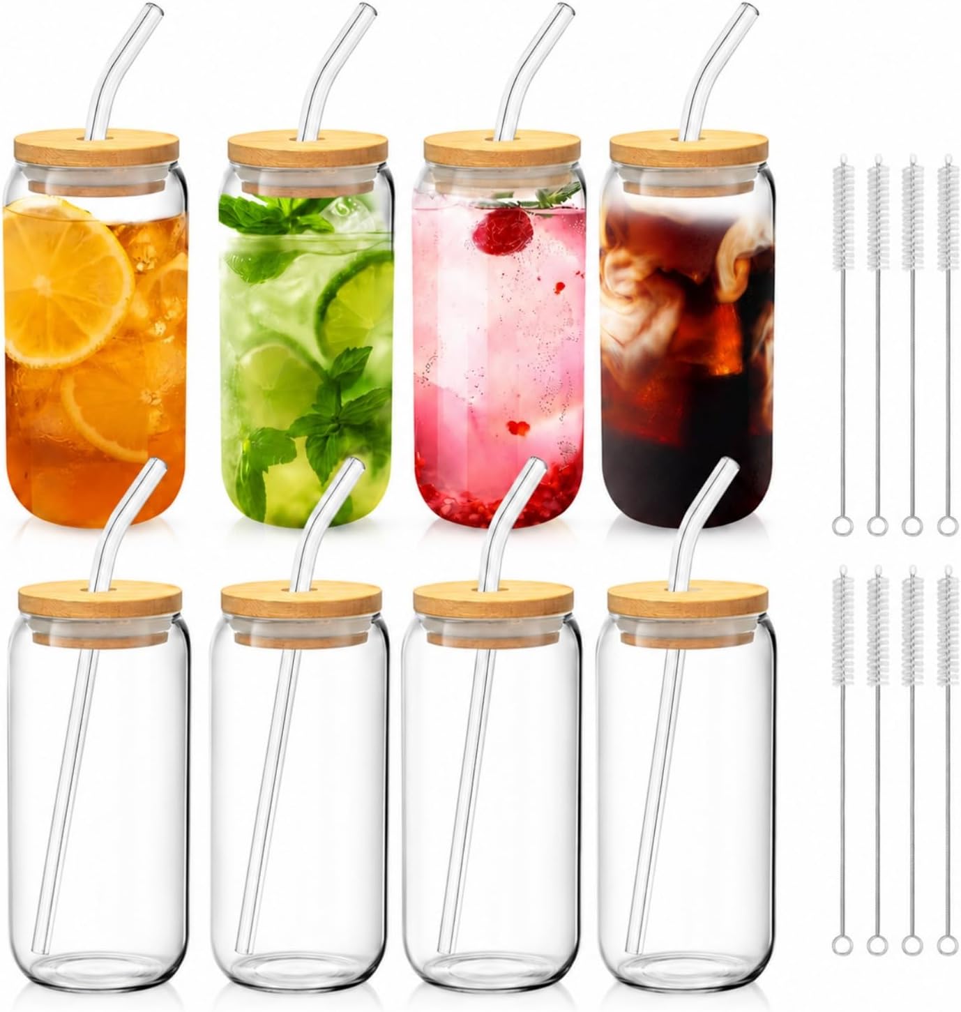 Glass Cups with Lids and Straws 1 Pack, 16 oz Glass Coffee Cup with Bamboo Lid, Glass Straw and Cleaning Brush, Iced Coffee Cup for Matcha, Soda, Tea and Daily Drinks
