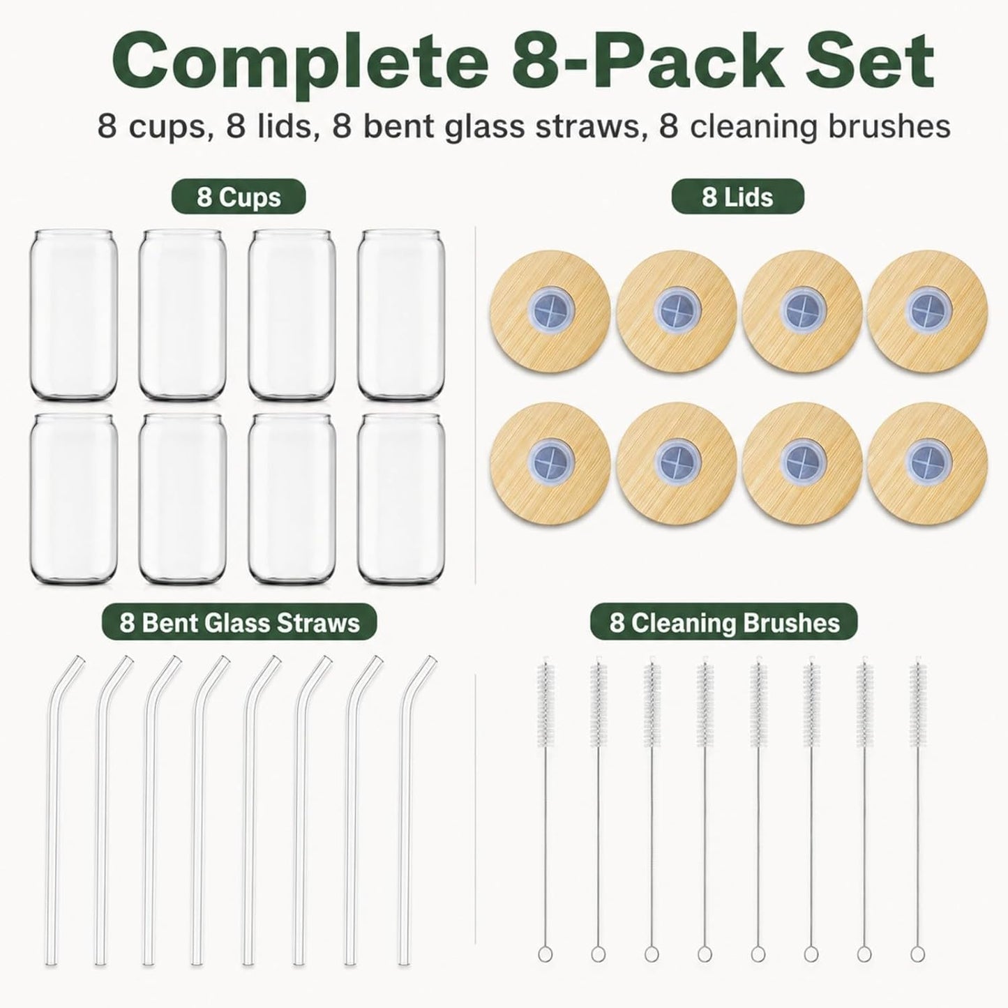Glass Cups with Lids and Straws 1 Pack, 16 oz Glass Coffee Cup with Bamboo Lid, Glass Straw and Cleaning Brush, Iced Coffee Cup for Matcha, Soda, Tea and Daily Drinks