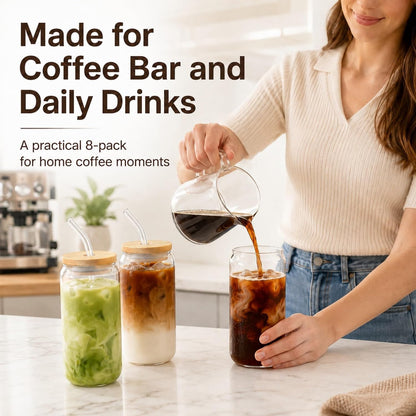 Glass Cups with Lids and Straws 1 Pack, 16 oz Glass Coffee Cup with Bamboo Lid, Glass Straw and Cleaning Brush, Iced Coffee Cup for Matcha, Soda, Tea and Daily Drinks