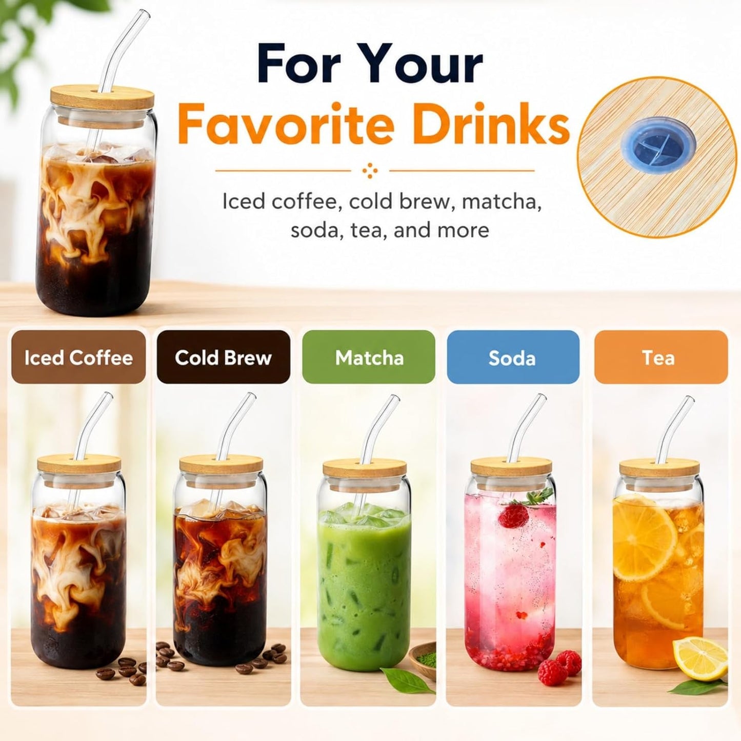 Glass Cups with Lids and Straws 1 Pack, 16 oz Glass Coffee Cup with Bamboo Lid, Glass Straw and Cleaning Brush, Iced Coffee Cup for Matcha, Soda, Tea and Daily Drinks