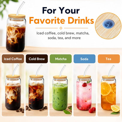 Glass Cups with Lids and Straws 1 Pack, 16 oz Glass Coffee Cup with Bamboo Lid, Glass Straw and Cleaning Brush, Iced Coffee Cup for Matcha, Soda, Tea and Daily Drinks