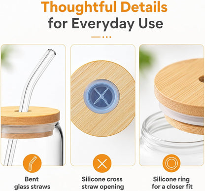 Glass Cups with Lids and Straws 1 Pack, 16 oz Glass Coffee Cup with Bamboo Lid, Glass Straw and Cleaning Brush, Iced Coffee Cup for Matcha, Soda, Tea and Daily Drinks