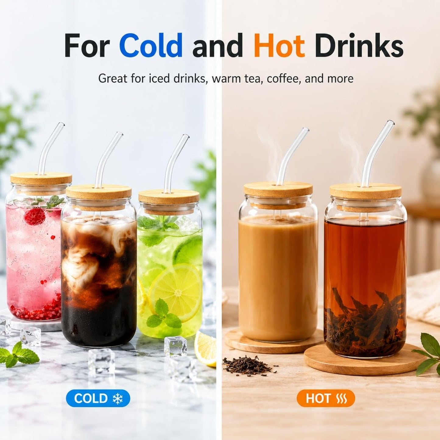 Glass Cups with Lids and Straws 1 Pack, 16 oz Glass Coffee Cup with Bamboo Lid, Glass Straw and Cleaning Brush, Iced Coffee Cup for Matcha, Soda, Tea and Daily Drinks