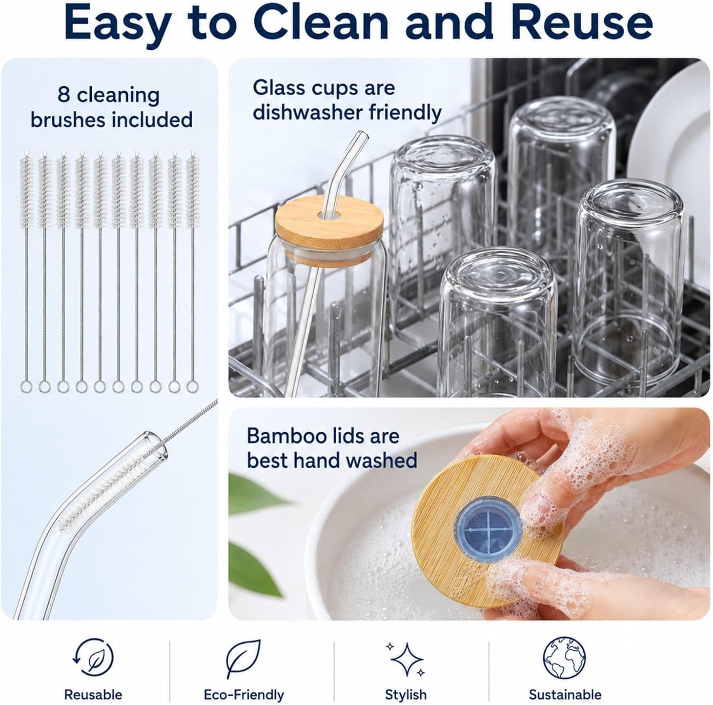 Glass Cups with Lids and Straws 1 Pack, 16 oz Glass Coffee Cup with Bamboo Lid, Glass Straw and Cleaning Brush, Iced Coffee Cup for Matcha, Soda, Tea and Daily Drinks