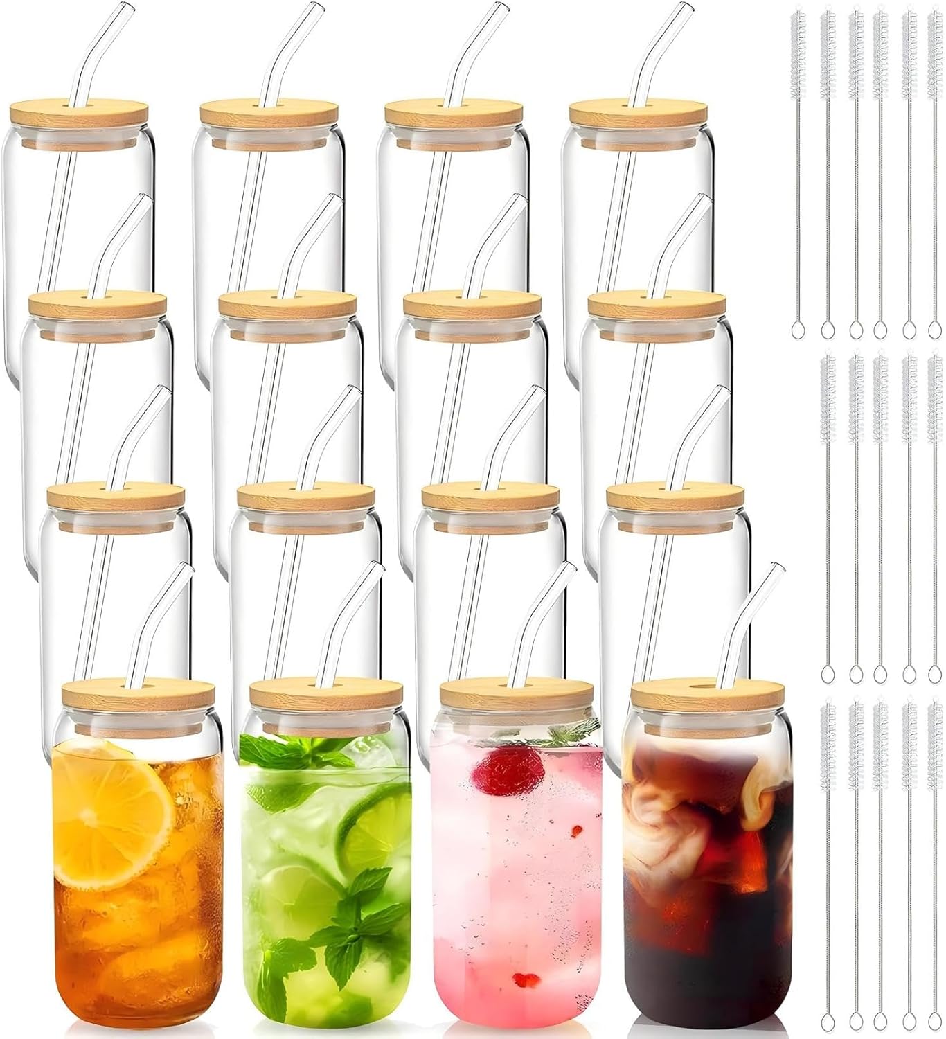 Glass Cups with Lids and Straws 1 Pack, 16 oz Glass Coffee Cup with Bamboo Lid, Glass Straw and Cleaning Brush, Iced Coffee Cup for Matcha, Soda, Tea and Daily Drinks