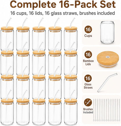 Glass Cups with Lids and Straws 1 Pack, 16 oz Glass Coffee Cup with Bamboo Lid, Glass Straw and Cleaning Brush, Iced Coffee Cup for Matcha, Soda, Tea and Daily Drinks