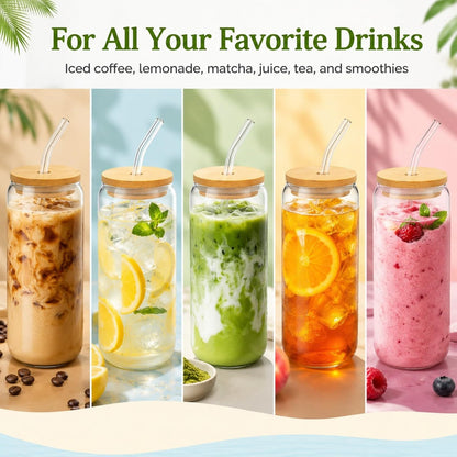 Glass Cups with Lids and Straws 1 Pack, 16 oz Glass Coffee Cup with Bamboo Lid, Glass Straw and Cleaning Brush, Iced Coffee Cup for Matcha, Soda, Tea and Daily Drinks
