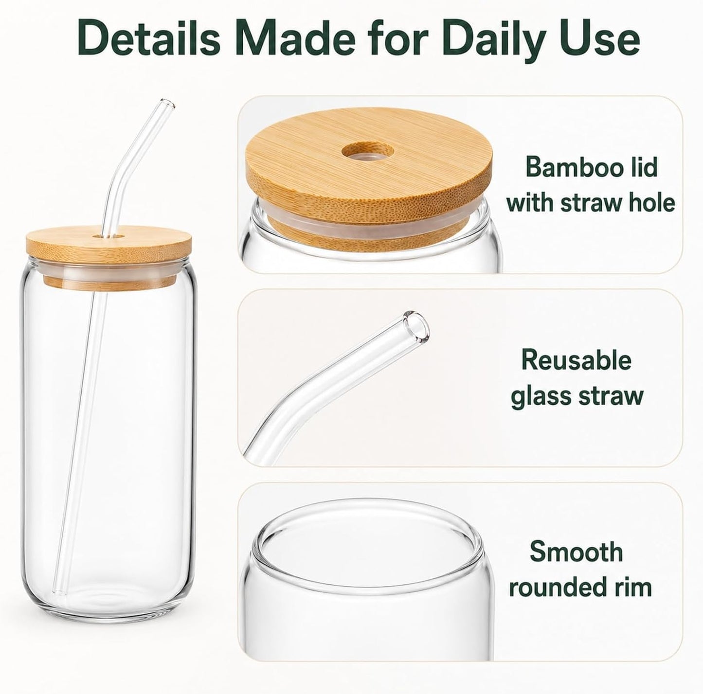 Glass Cups with Lids and Straws 1 Pack, 16 oz Glass Coffee Cup with Bamboo Lid, Glass Straw and Cleaning Brush, Iced Coffee Cup for Matcha, Soda, Tea and Daily Drinks
