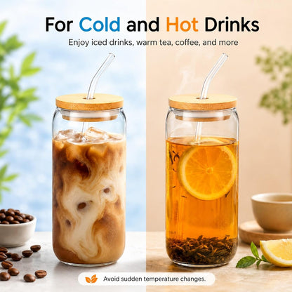 Glass Cups with Lids and Straws 1 Pack, 16 oz Glass Coffee Cup with Bamboo Lid, Glass Straw and Cleaning Brush, Iced Coffee Cup for Matcha, Soda, Tea and Daily Drinks