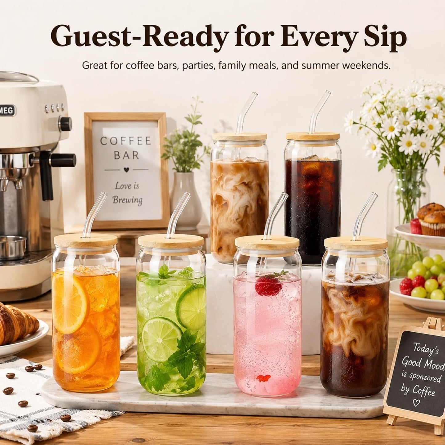 Glass Cups with Lids and Straws 1 Pack, 16 oz Glass Coffee Cup with Bamboo Lid, Glass Straw and Cleaning Brush, Iced Coffee Cup for Matcha, Soda, Tea and Daily Drinks