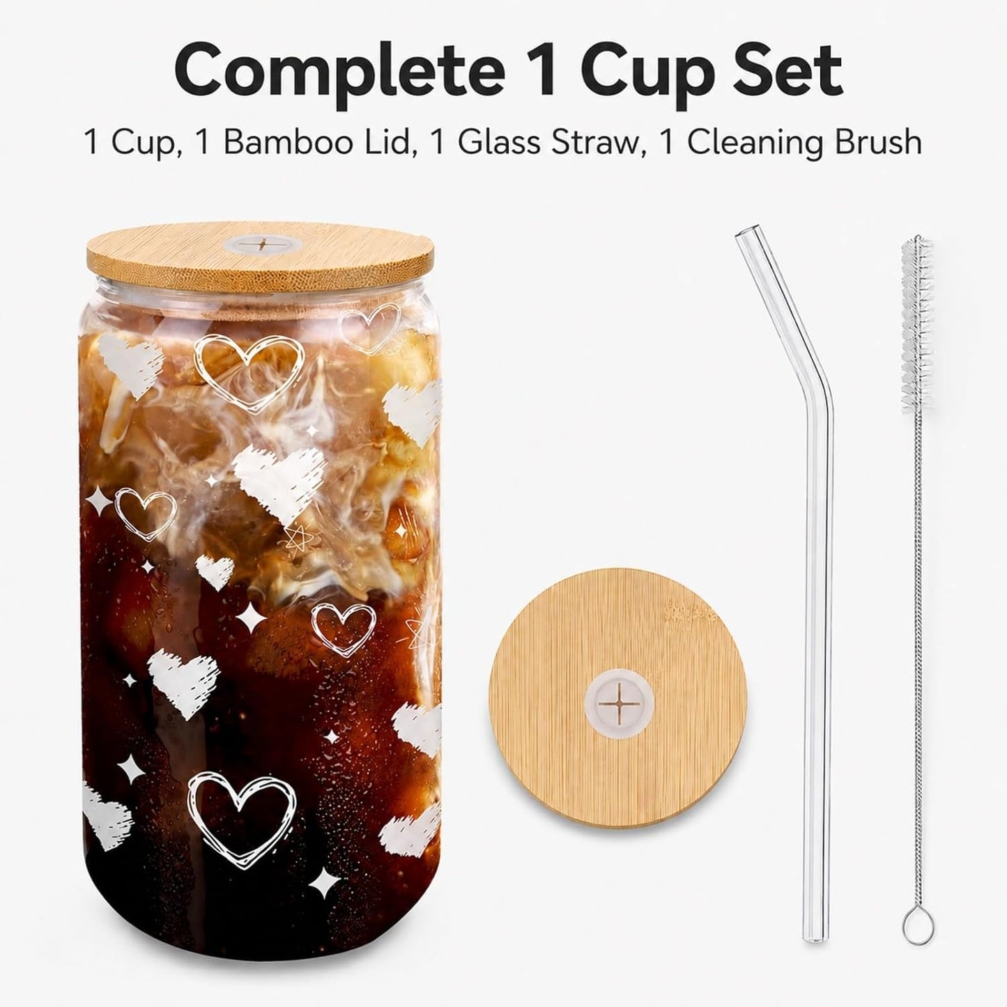 Glass Cups with Lids and Straws 1 Pack, 16 oz Glass Coffee Cup with Bamboo Lid, Glass Straw and Cleaning Brush, Iced Coffee Cup for Matcha, Soda, Tea and Daily Drinks