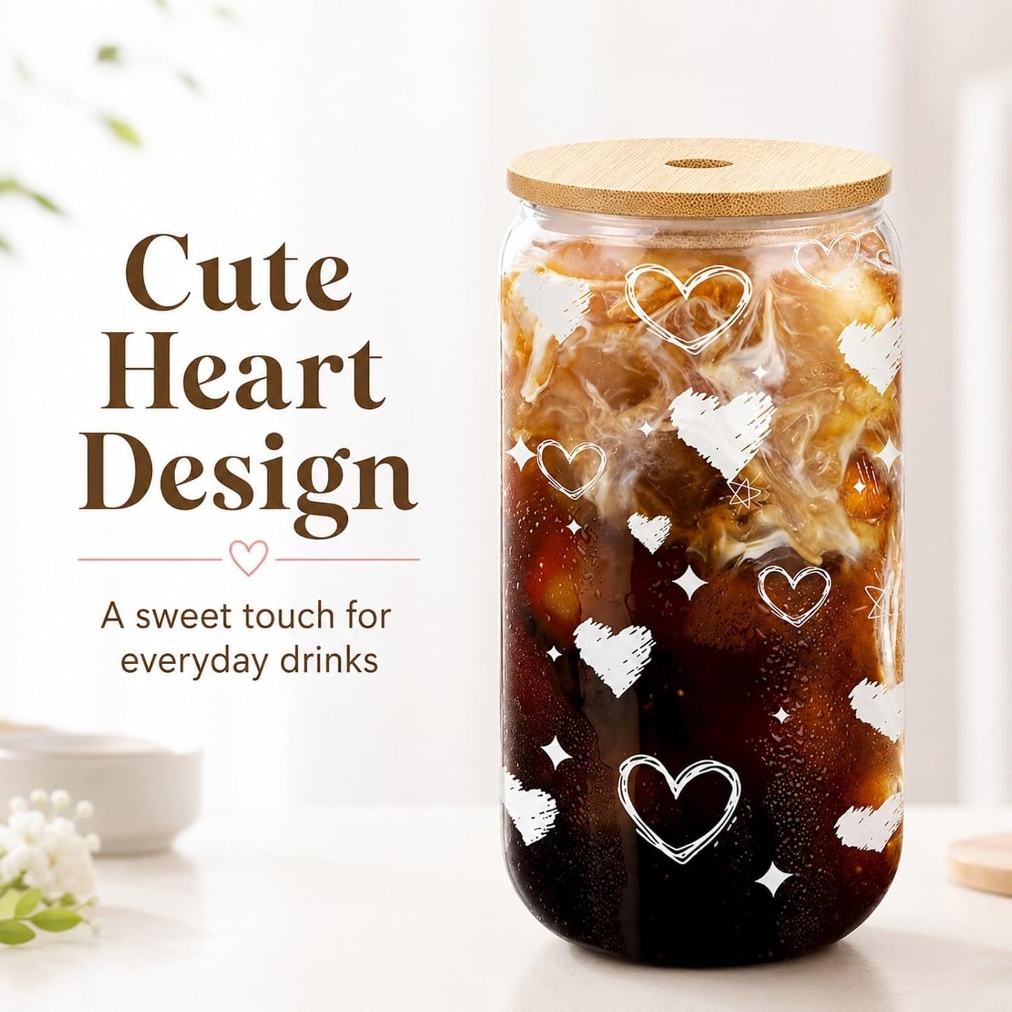Glass Cups with Lids and Straws 1 Pack, 16 oz Glass Coffee Cup with Bamboo Lid, Glass Straw and Cleaning Brush, Iced Coffee Cup for Matcha, Soda, Tea and Daily Drinks