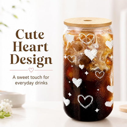 Glass Cups with Lids and Straws 1 Pack, 16 oz Glass Coffee Cup with Bamboo Lid, Glass Straw and Cleaning Brush, Iced Coffee Cup for Matcha, Soda, Tea and Daily Drinks