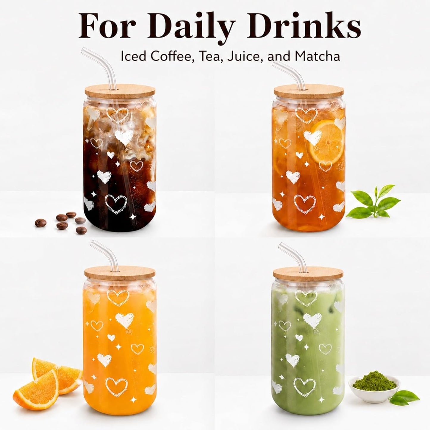 Glass Cups with Lids and Straws 1 Pack, 16 oz Glass Coffee Cup with Bamboo Lid, Glass Straw and Cleaning Brush, Iced Coffee Cup for Matcha, Soda, Tea and Daily Drinks