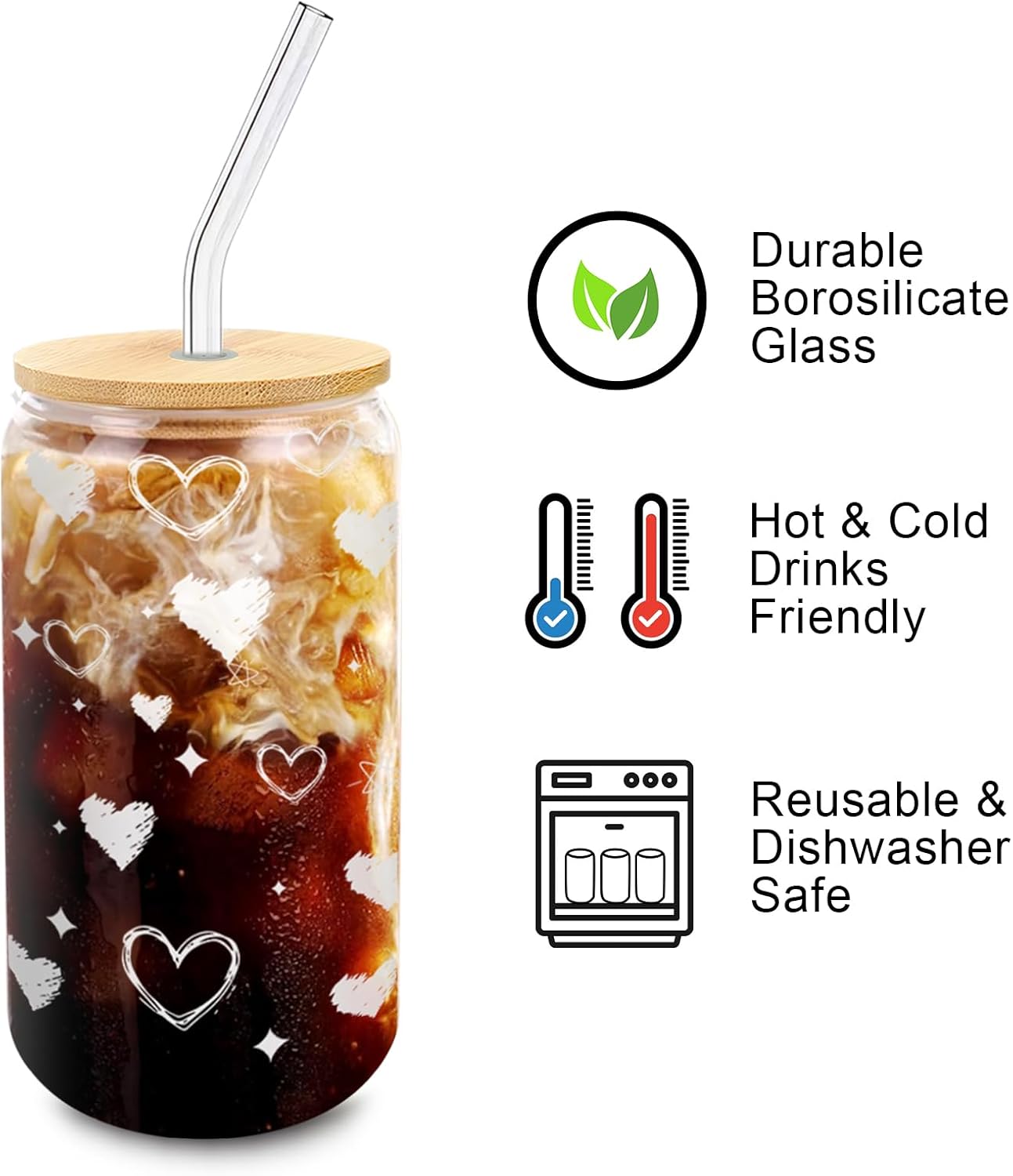 Glass Cups with Lids and Straws 1 Pack, 16 oz Glass Coffee Cup with Bamboo Lid, Glass Straw and Cleaning Brush, Iced Coffee Cup for Matcha, Soda, Tea and Daily Drinks