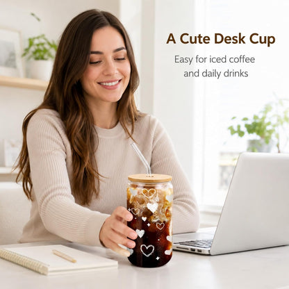Glass Cups with Lids and Straws 1 Pack, 16 oz Glass Coffee Cup with Bamboo Lid, Glass Straw and Cleaning Brush, Iced Coffee Cup for Matcha, Soda, Tea and Daily Drinks