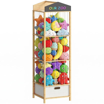 Stuffed Animal Storage, Bamboo Stuffed Animal Organizer with Fabric Drawer and DIY Chalkboard, Space Save Toy Organizer for Playroom, Living Room, Nursery, Pink PK66CW01