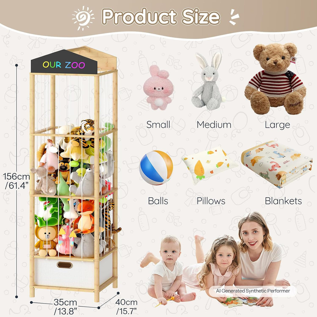 Stuffed Animal Storage, Bamboo Stuffed Animal Organizer with Fabric Drawer and DIY Chalkboard, Space Save Toy Organizer for Playroom, Living Room, Nursery, Pink PK66CW01