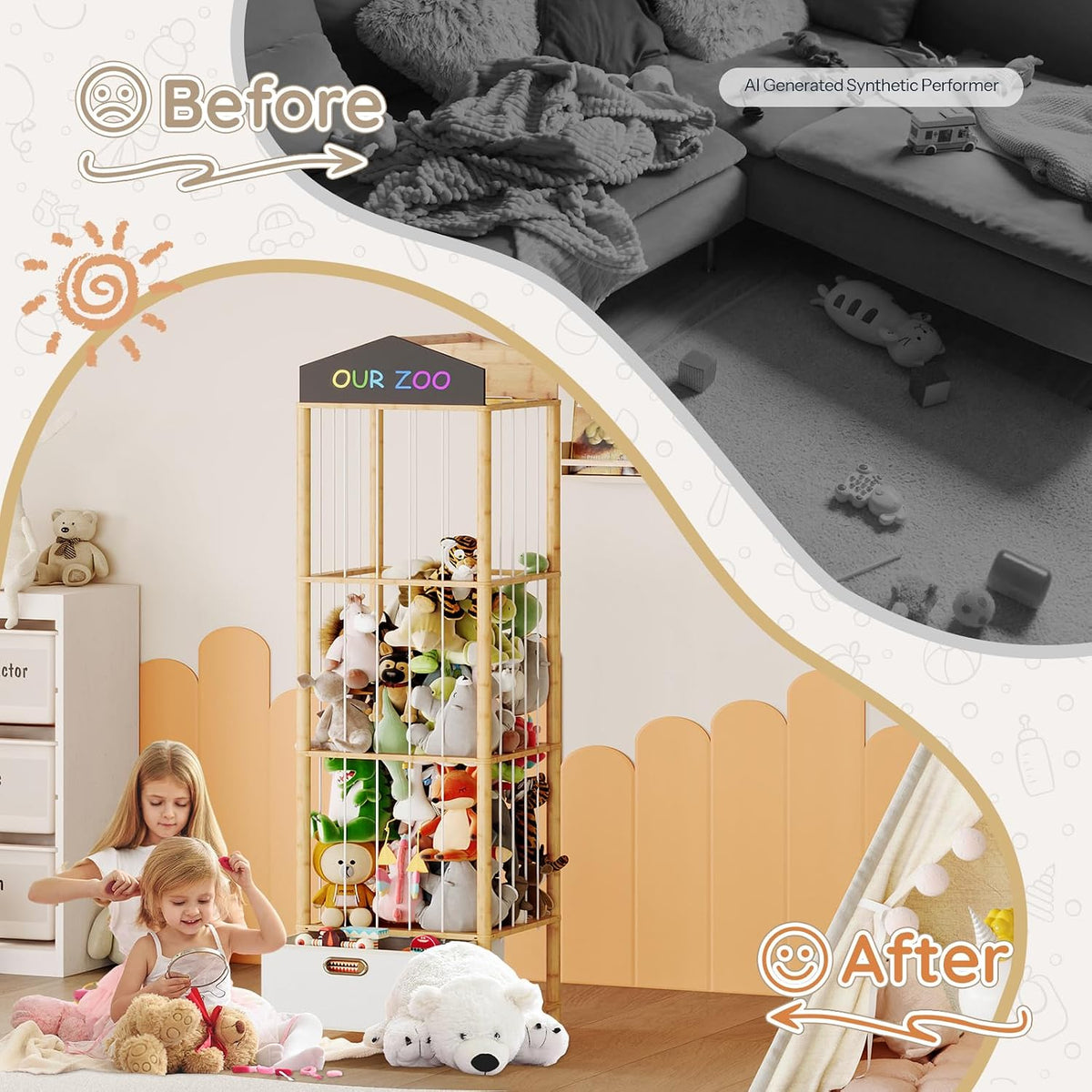 Stuffed Animal Storage, Bamboo Stuffed Animal Organizer with Fabric Drawer and DIY Chalkboard, Space Save Toy Organizer for Playroom, Living Room, Nursery, Pink PK66CW01