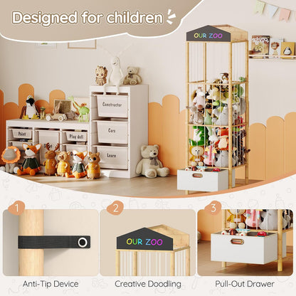 Stuffed Animal Storage, Bamboo Stuffed Animal Organizer with Fabric Drawer and DIY Chalkboard, Space Save Toy Organizer for Playroom, Living Room, Nursery, Pink PK66CW01