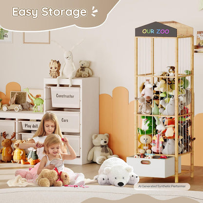 Stuffed Animal Storage, Bamboo Stuffed Animal Organizer with Fabric Drawer and DIY Chalkboard, Space Save Toy Organizer for Playroom, Living Room, Nursery, Pink PK66CW01