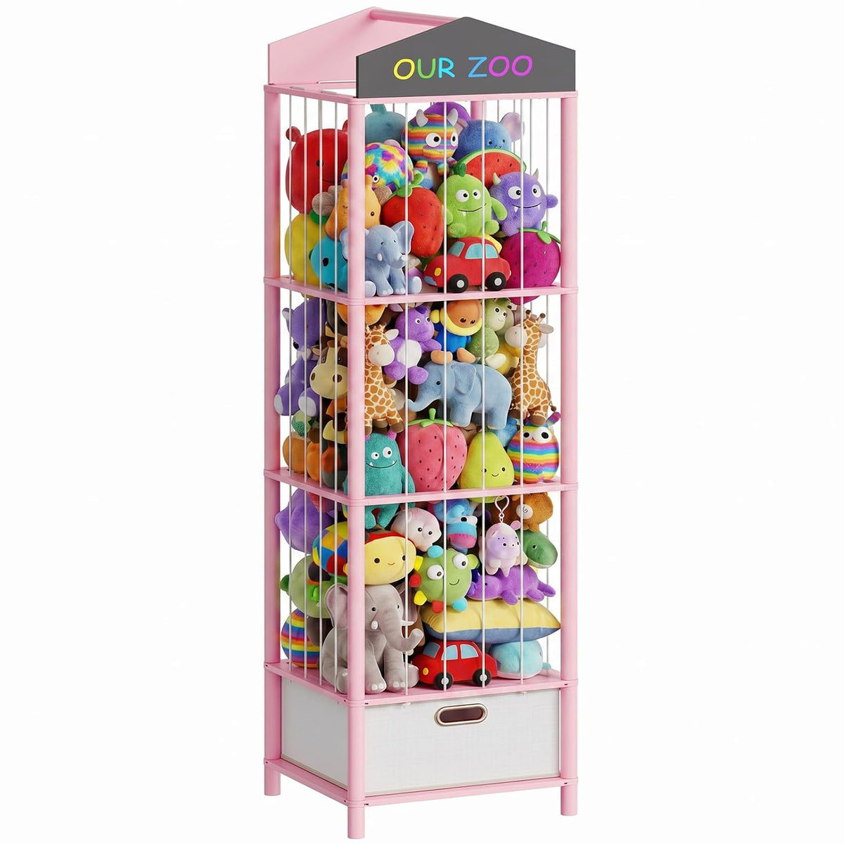 Stuffed Animal Storage, Bamboo Stuffed Animal Organizer with Fabric Drawer and DIY Chalkboard, Space Save Toy Organizer for Playroom, Living Room, Nursery, Pink PK66CW01