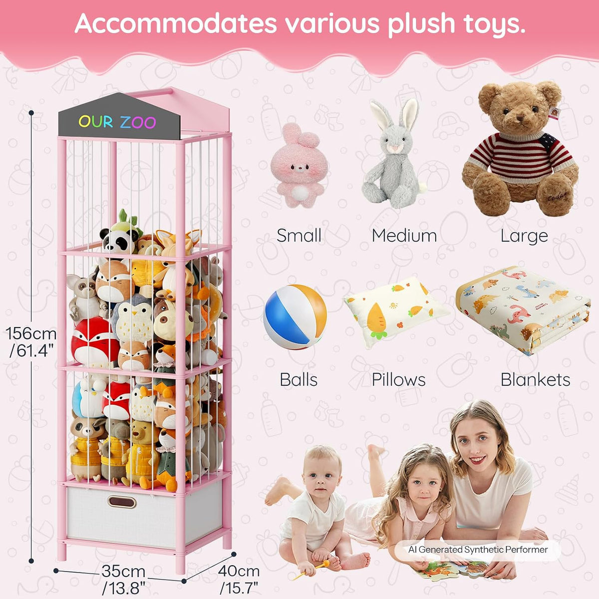 Stuffed Animal Storage, Bamboo Stuffed Animal Organizer with Fabric Drawer and DIY Chalkboard, Space Save Toy Organizer for Playroom, Living Room, Nursery, Pink PK66CW01