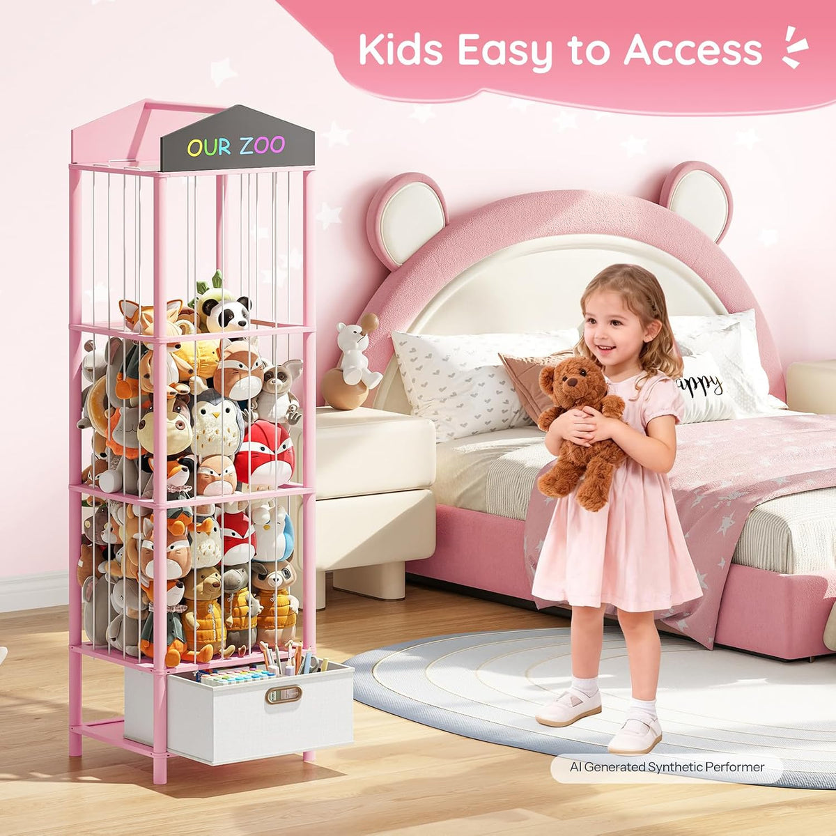 Stuffed Animal Storage, Bamboo Stuffed Animal Organizer with Fabric Drawer and DIY Chalkboard, Space Save Toy Organizer for Playroom, Living Room, Nursery, Pink PK66CW01