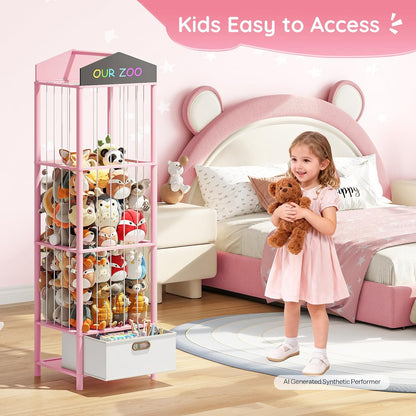 Stuffed Animal Storage, Bamboo Stuffed Animal Organizer with Fabric Drawer and DIY Chalkboard, Space Save Toy Organizer for Playroom, Living Room, Nursery, Pink PK66CW01