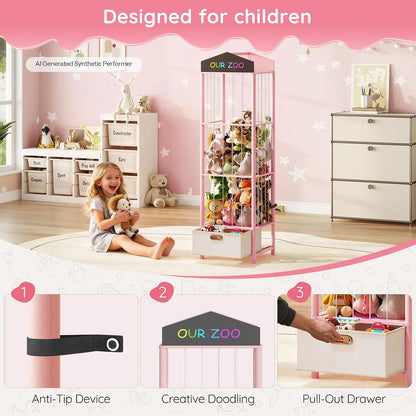 Stuffed Animal Storage, Bamboo Stuffed Animal Organizer with Fabric Drawer and DIY Chalkboard, Space Save Toy Organizer for Playroom, Living Room, Nursery, Pink PK66CW01