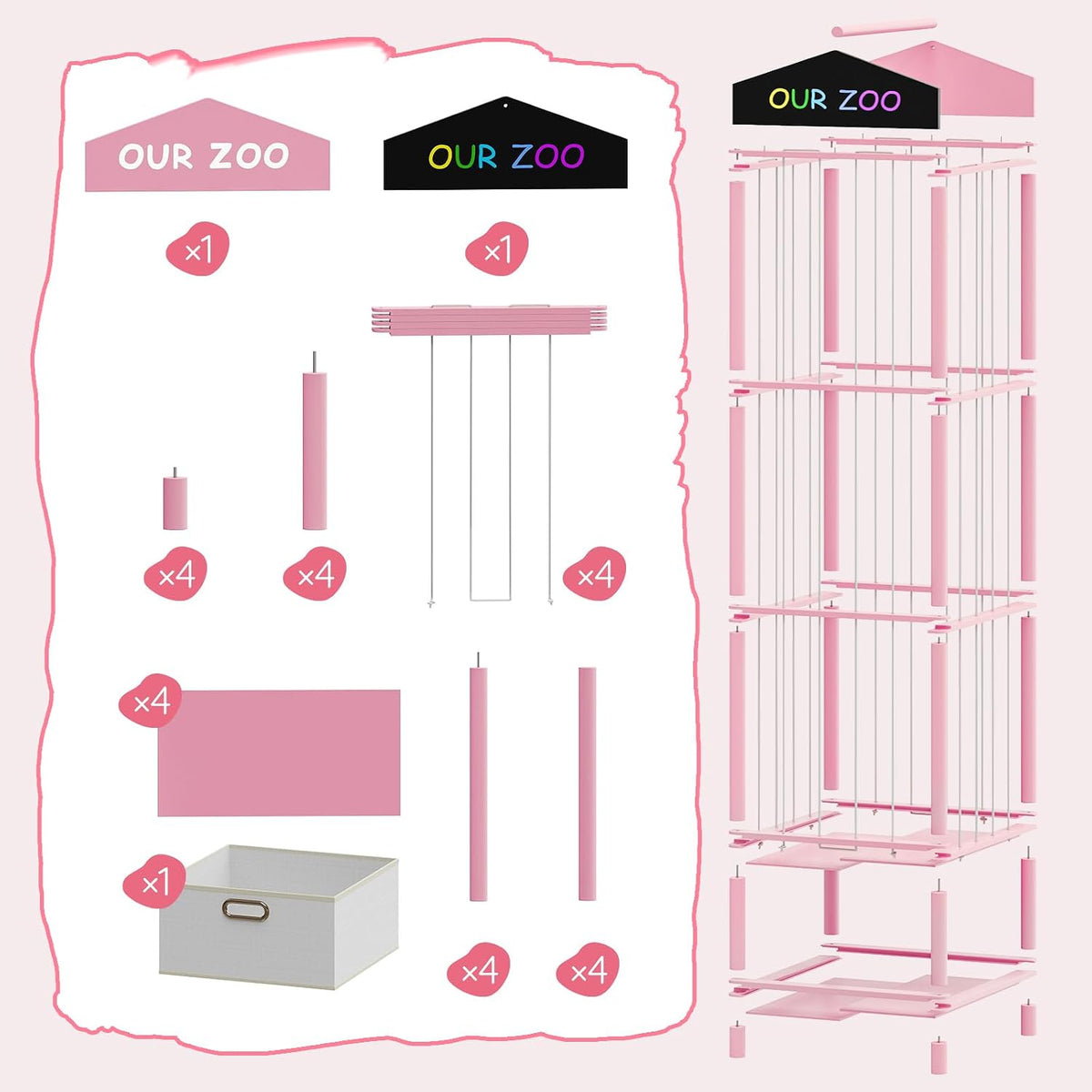 Stuffed Animal Storage, Bamboo Stuffed Animal Organizer with Fabric Drawer and DIY Chalkboard, Space Save Toy Organizer for Playroom, Living Room, Nursery, Pink PK66CW01