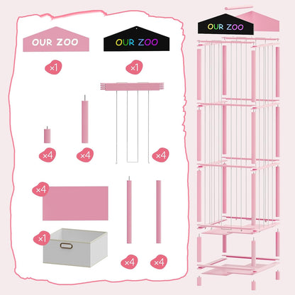 Stuffed Animal Storage, Bamboo Stuffed Animal Organizer with Fabric Drawer and DIY Chalkboard, Space Save Toy Organizer for Playroom, Living Room, Nursery, Pink PK66CW01