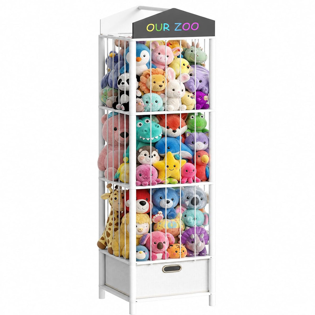 Stuffed Animal Storage, Bamboo Stuffed Animal Organizer with Fabric Drawer and DIY Chalkboard, Space Save Toy Organizer for Playroom, Living Room, Nursery, Pink PK66CW01