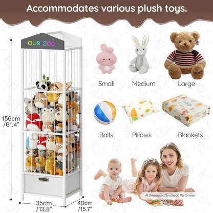 Stuffed Animal Storage, Bamboo Stuffed Animal Organizer with Fabric Drawer and DIY Chalkboard, Space Save Toy Organizer for Playroom, Living Room, Nursery, Pink PK66CW01