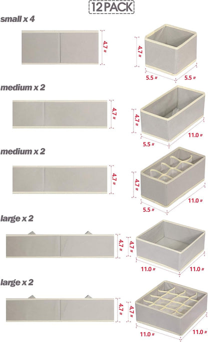 12 Pack Foldable Drawer Organizer Dividers Cloth Storage Box Closet Dresser Organizer Cube Fabric Containers Basket Bins for Underwear Bras Socks Panties Lingeries Nursery Baby Clothes Gray