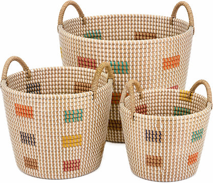 Boho Wicker Storage Basket Set of 4: Natural Woven Seagrass Laundry Hamper with Lid, Handles and Removable Liners, Decorative Laundry Baskets and Shelf Baskets for Living Room Bedroom Bathroom Nursery