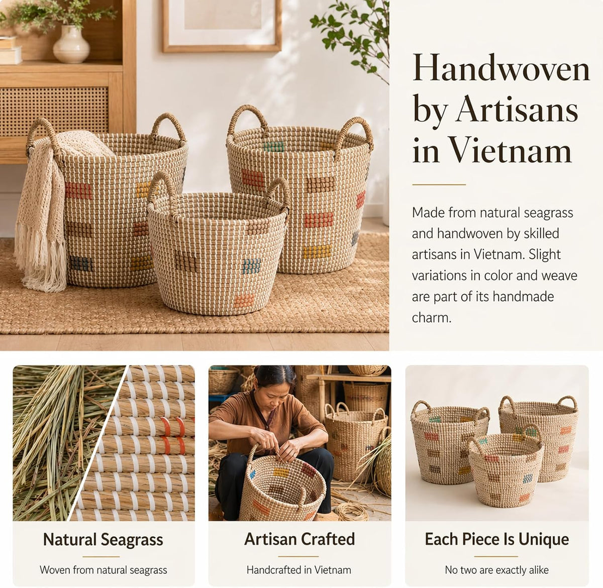 Boho Wicker Storage Basket Set of 4: Natural Woven Seagrass Laundry Hamper with Lid, Handles and Removable Liners, Decorative Laundry Baskets and Shelf Baskets for Living Room Bedroom Bathroom Nursery