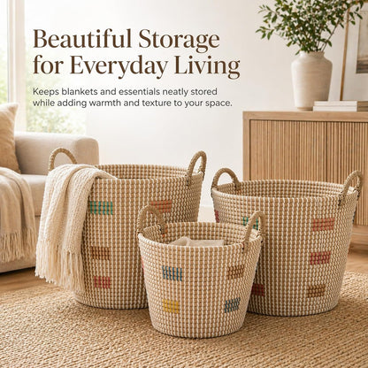Boho Wicker Storage Basket Set of 4: Natural Woven Seagrass Laundry Hamper with Lid, Handles and Removable Liners, Decorative Laundry Baskets and Shelf Baskets for Living Room Bedroom Bathroom Nursery