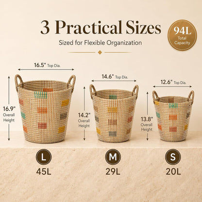 Boho Wicker Storage Basket Set of 4: Natural Woven Seagrass Laundry Hamper with Lid, Handles and Removable Liners, Decorative Laundry Baskets and Shelf Baskets for Living Room Bedroom Bathroom Nursery