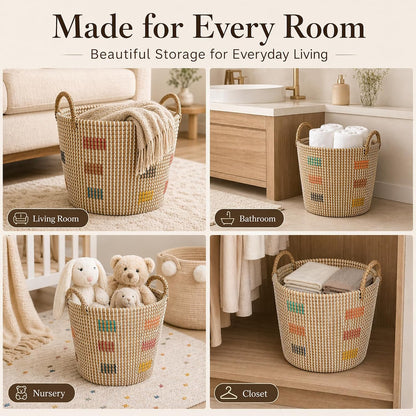 Boho Wicker Storage Basket Set of 4: Natural Woven Seagrass Laundry Hamper with Lid, Handles and Removable Liners, Decorative Laundry Baskets and Shelf Baskets for Living Room Bedroom Bathroom Nursery